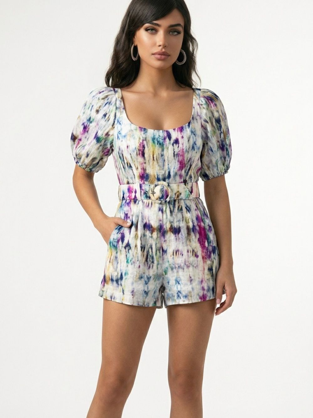 LAVENDER BROWN | NEW Madison Multicolor Puff-Sleeve Belt Romper Women’s Size XS